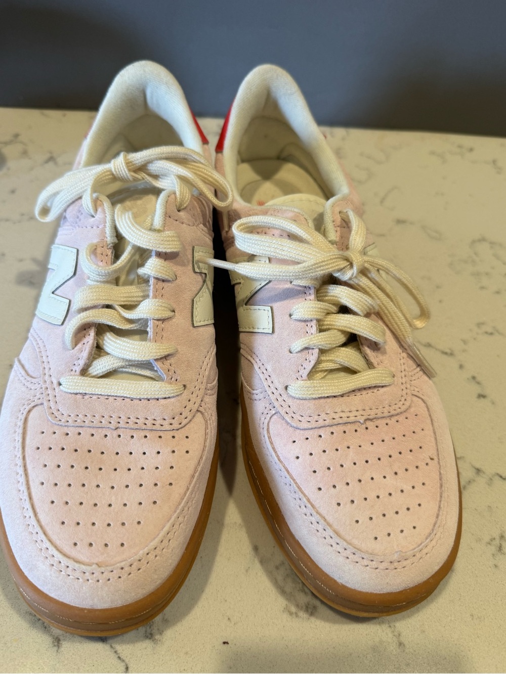 New Balance Light Pink Suede Low-Top Sneakers with Gum Sole